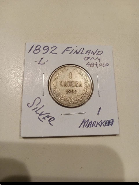 1892 L Finland 1 Markkaa, SILVER.