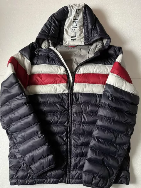 Tommy Hilfiger Men's Hooded Puffer Jacket (M) Red, White & Blue Classic Design