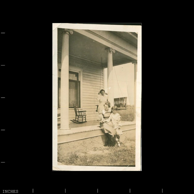 Old Vintage Photo WOMEN AND GIRL ON FRONT PORCH SWING BENCH ROCKING CHAIR