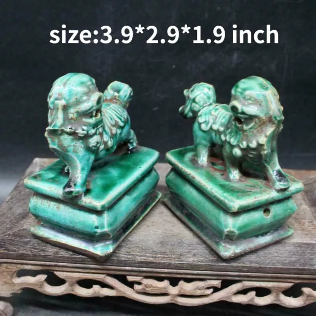 A Pair Chinese Old Marked Green Glazed Pair Porcelain Foo Dog Palace Lions