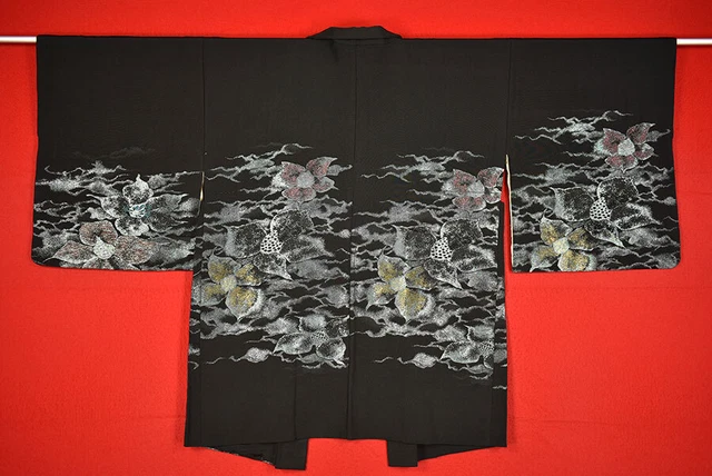 Vintage Japanese Kimono Silk Antique BORO Black HAORI Kusakizome Woven/B659/580
