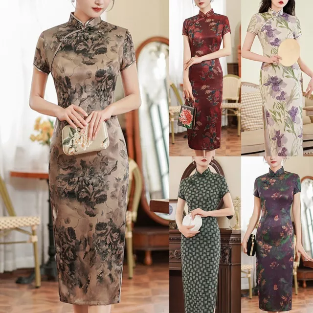 Women Chinese Traditional Qipao Dress Faux Silk Satin Cheongsam Party Show Gown