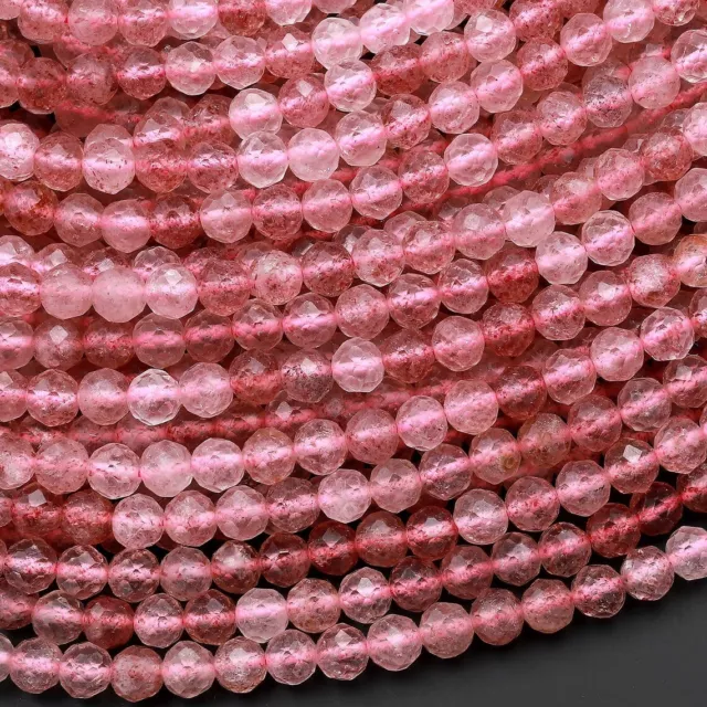 AAA Natural Strawberry Quartz Gemstone Round Micro Faceted Cut Beads Strand