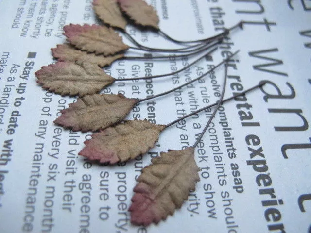 10 Small Rose Leaves Autumn DARK BROWN Wire Stem Mulberry Paper Craft R1DB #1