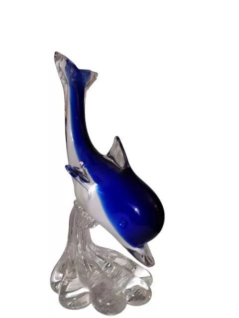 Art Glass Cobalt Blue Dolphin On A Clear Wave Figurine 10" Murano-Style Artglass