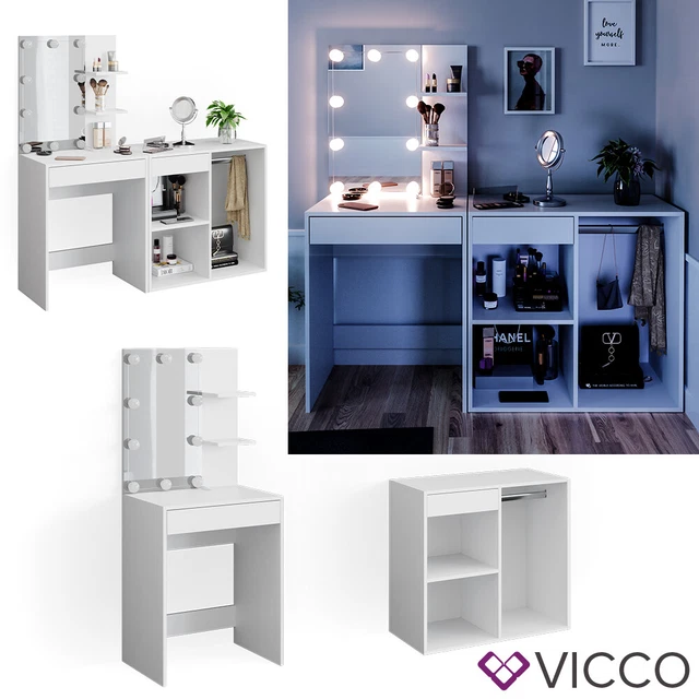 Vicco Coiffeuse Isabelle, Blanc, 60cm avec éclairage LED, Peu encombrant et Fonctionnel à la Fois
