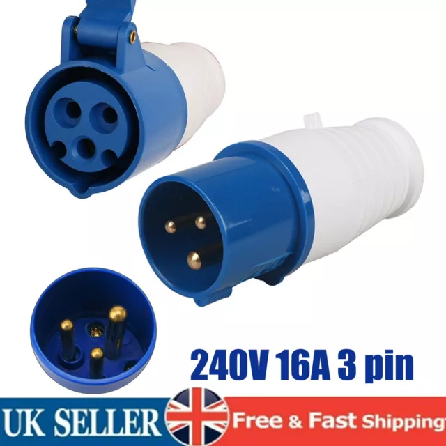 240V 16A 3 Pin Blue Site Industrial Plug & Socket Male/Female Ip44 2P + Earth Uk