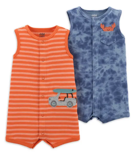 Lot of 2 Baby Boy Rompers Carters COM Crab Surfer Car NWT 0-3 6-9 12 24
