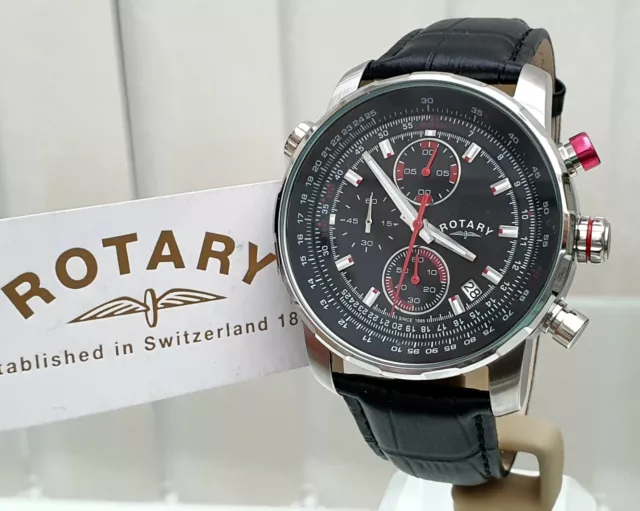 NEW Rotary Mens Watch Black leather Pilot style, Chronograph, Luminous RRP£189