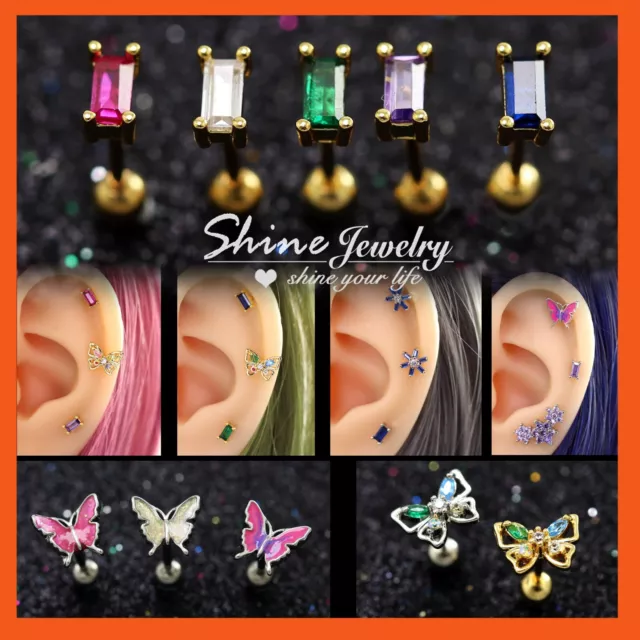 Gem Bar Butterfly Stud Ear Climber Cartilage Helix Piercing Ring Barbell Earring