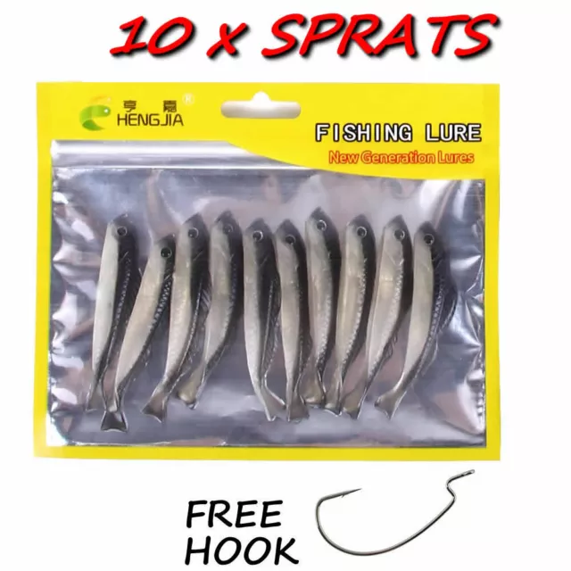 10 x Perch pike chub Bass soft shads SPRATS lure bait drop shot FREE HOOK