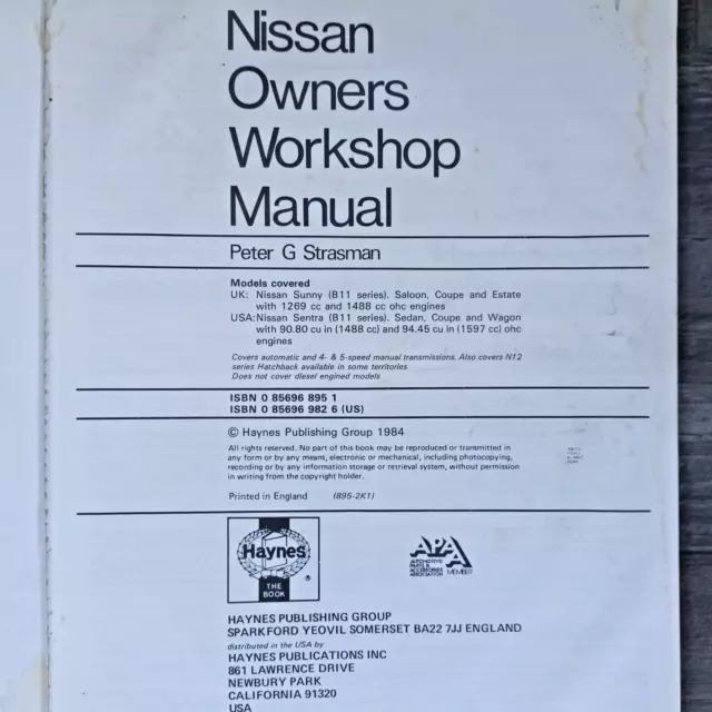Nissan Datsun Sunny B 11. 1982-83, 1296/1488cc. Haynes Owners Workshop Manual 3