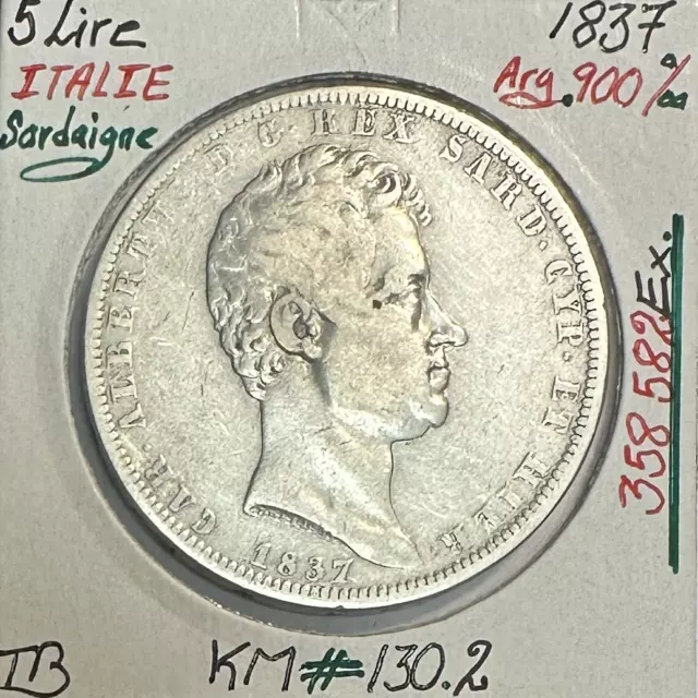 ITALIE - 5 LIRE 1837 - SARDAIGNE - Pièce de Monnaie en Argent // Qualité : TB