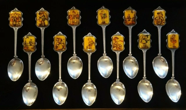 12 Vintage Hummel Ars Sacra Cute Collectible Souvenir Silver Plate Spoons