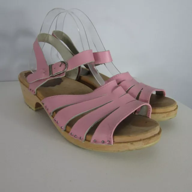 Hanna Andersson Womens 11.5  EU 42 Pink Clogs Sandals Wood Leather Buckle Strap