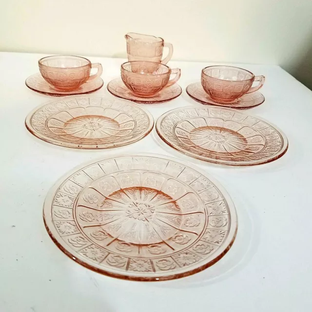 Jeannette Glass Doric & Pansy Pink Depression Glass Childs Set 10 pcs