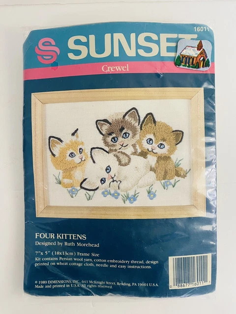Kit de punto bordado Sunset Crewel cuatro gatitos 7""x5"" nuevo de lote antiguo 1989 dimensiones