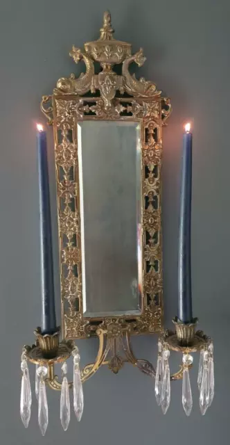 Antique Solid Brass Beveled Mirror Double Wall Candle Sconce Koi Fish Heavy