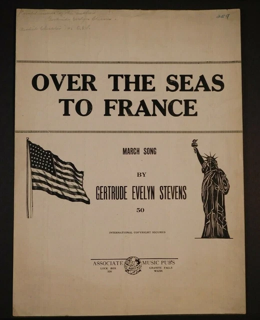 WWI SHEET MUSIC "Over The Seas To France" American Flag Statue Of
