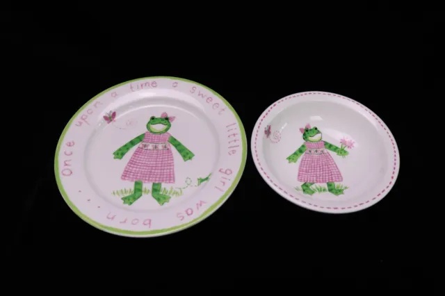Little Girl 2 pc Porcelain Plate Bowl Frog Pink Dress Kelly Rightsell Once Upon