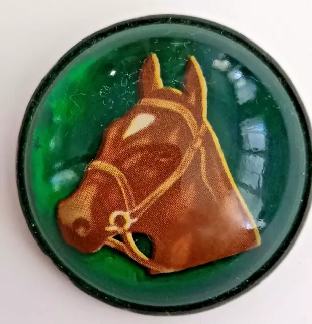 Vintage large glass convex bubble horse brooch, green background