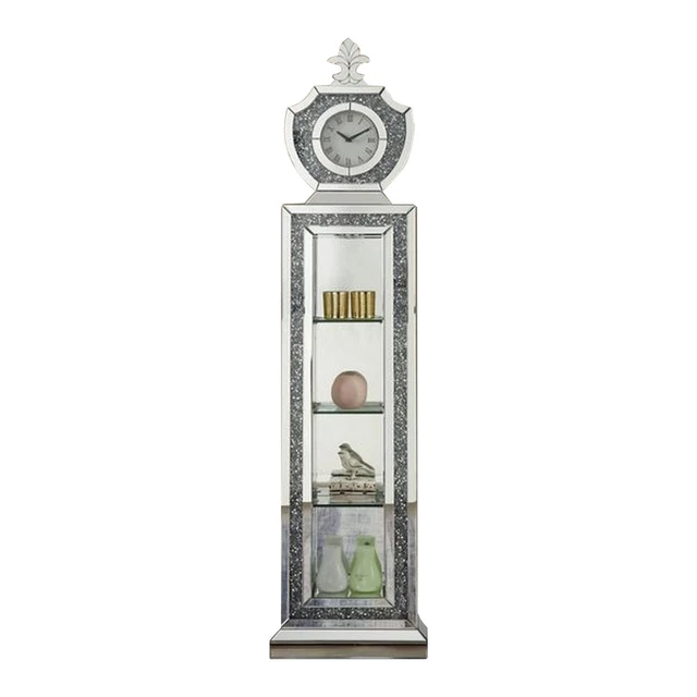 Grandfather Clock With 4 Compartments And Mirror Frame, Silver- Saltoro Sherpi