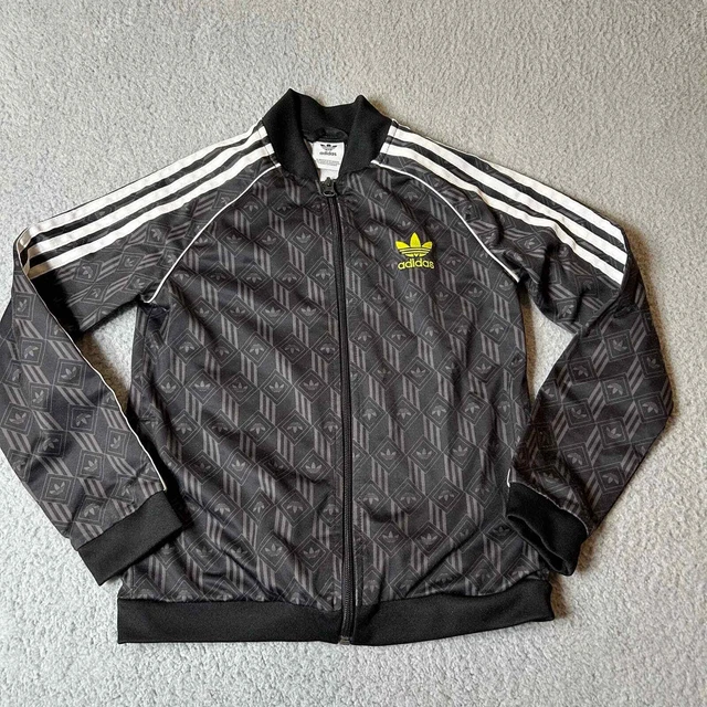 Adidas Jacket Boys Small Black Full Zip 3 Stripe Monogram WarmUp Track Bomber