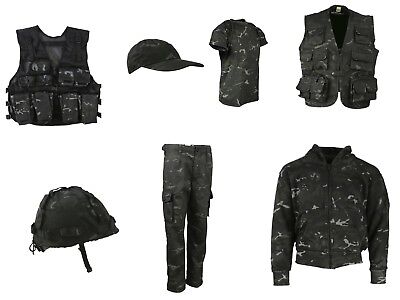 Bambini Esercito T Shirt pantaloni gilet cappuccio casco Ragazzi Fancy Dress BTP Mimetico Nero Regno Unito