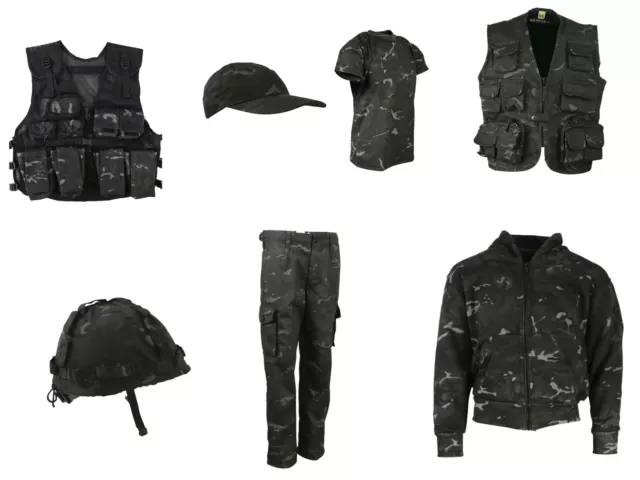 Kids Army T Shirt Trousers Vest Helmet Cap Boys Fancy Dress BTP Black Camo UK