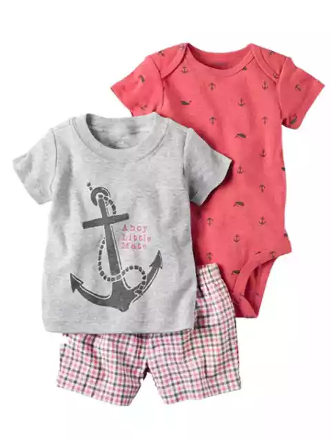 Carters Infant Boys Anchors & Whales Baby Outfits Bodysuit Shirt & Plaid Shorts