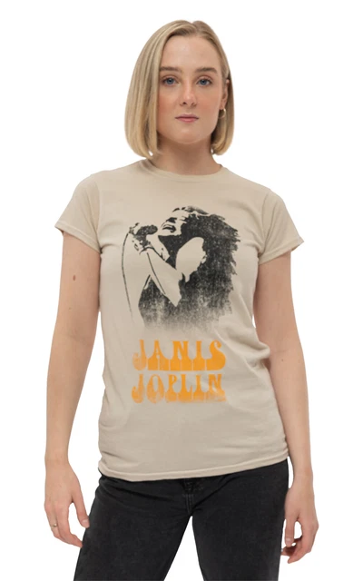 Janis Joplin Ladies T Shirt Working The Mic new Official Womens Skinny Fit Sand