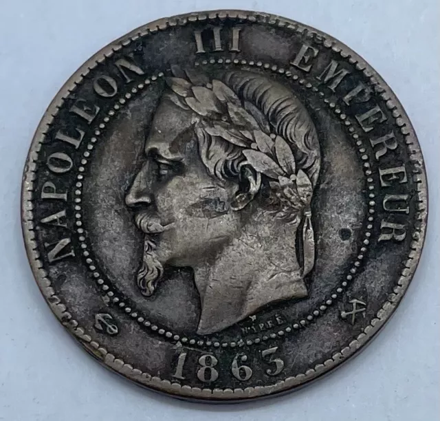 MONNAIE - 10 CENTIMES - NAPOLÉON III - TÊTE LAURÉE -           1863 K !! (p24)