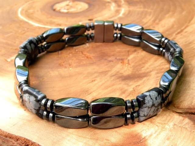 Magnetic Bracelet Anklet SUPER STRONG Clasp SNOWFLAKE OBSIDIAN 2 Row