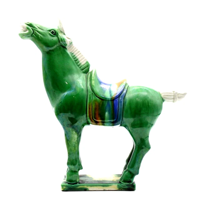 VTG 10" Chinese Pottery War Horse Tang Dynasty Style Sancai Drip Glaze Green
