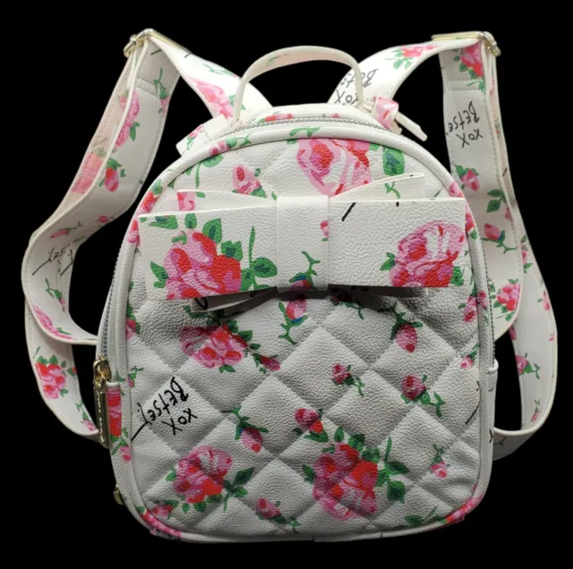 BETSEY JOHNSON MINI Backpack w/ Bow Pink Rose Flowers Off-White Faux ...