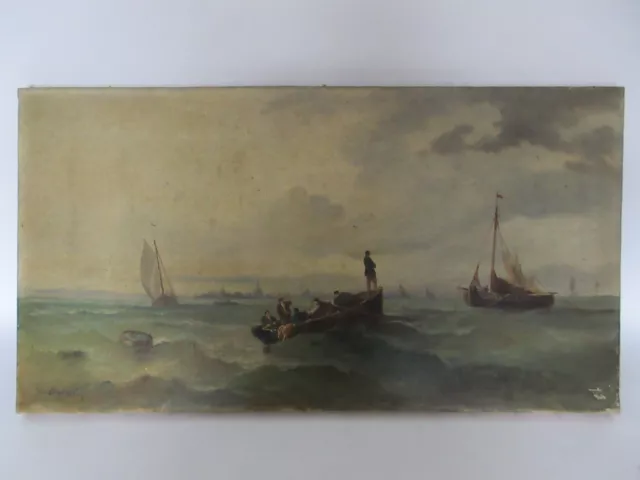 TABLEAU PEINTURE HUILE 19 ème MARINE A.BUDIN/BATEAUX VOILIER MER OCEAN PECHEURS