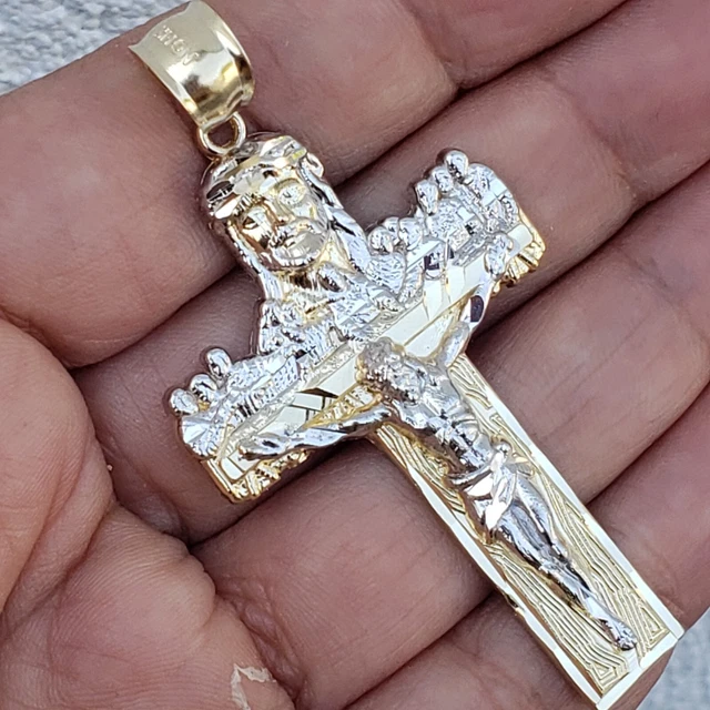 SOLID BIG 10K Gold Jesus Crucifix last supper Cross Pendant 2.50" white
