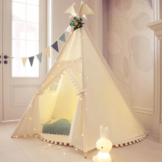 Large Canvas Kids Teepee Lace Wood Indian Tent Child In/Outdoor Play House 160CM