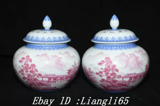 7''Qing Qianlong Markierte Karminrote Landschaft Deckel Crock Topf Jar Paar