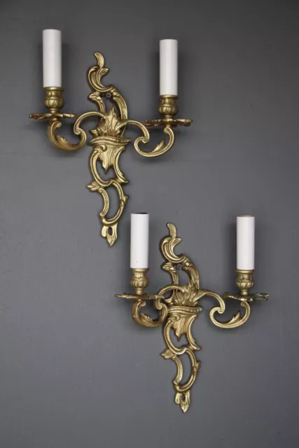 Pr Vintage 2 arm wall lights antique gilt bronze French Louis bronze lamps 1930s