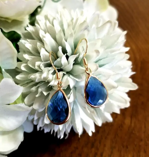 14k Gold Sapphire Earrings Sapphire Dangle Earrings Faux Sapphire Jewelry Gift