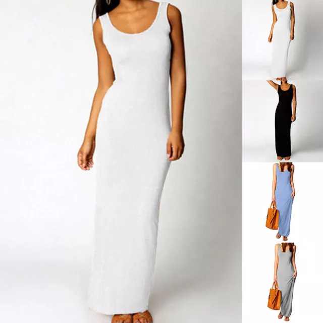 Women Fashion Elegant Slim Vest Dress Casual Solid Sleeveless Full Long Dresses 2