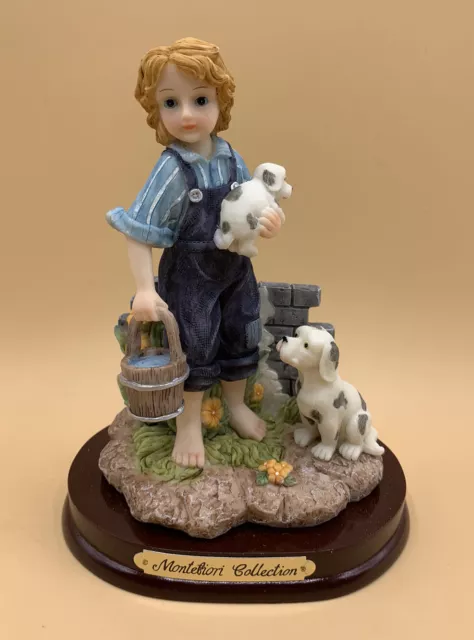 VINTAGE Montefiori Collections Dog & Young Boy W/ Pail Holding Puppy Figurine