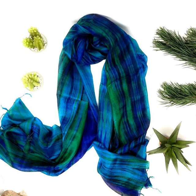 Foulard In Seta 100% Dipinto A Mano - Sciarpa Elegante Blu E Verde Per Donne - Foto 5