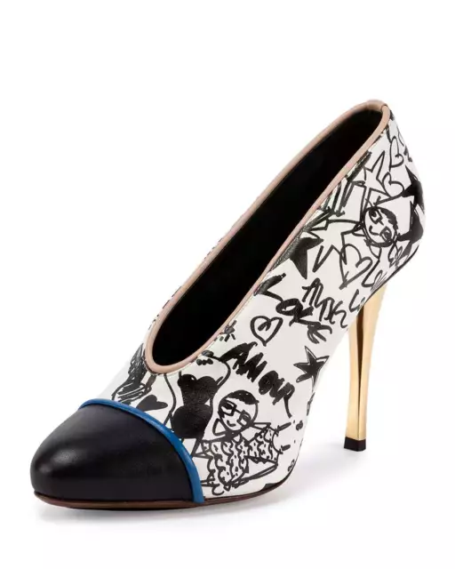 Lanvin Printed Cap-Toe 105mm V-Neck Pump,White/Black 37 $995.00