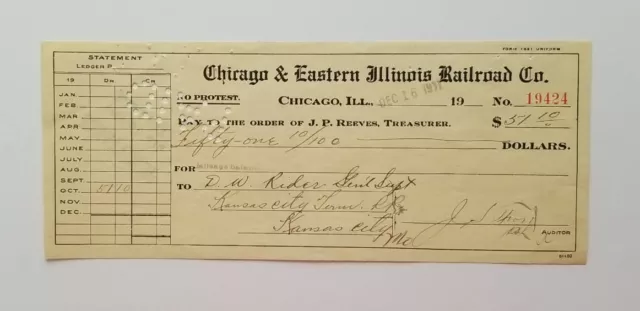 1911 Chicago & Eastern Illinois Railroad Co. CHECK ~ Train ~ Railway ~ Chicago