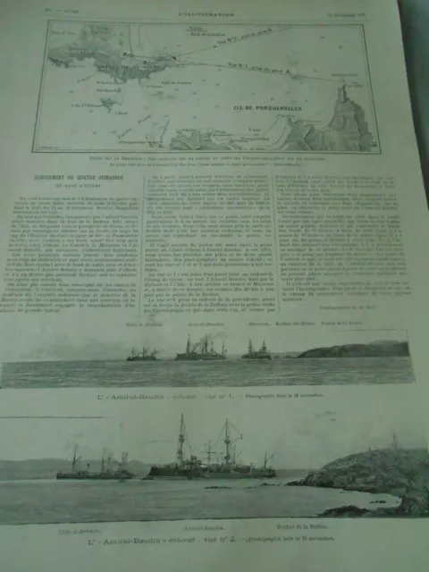 Echouement de 4 cuirassés en rade d'hyères Iles de Porquereolles Gravure 1895