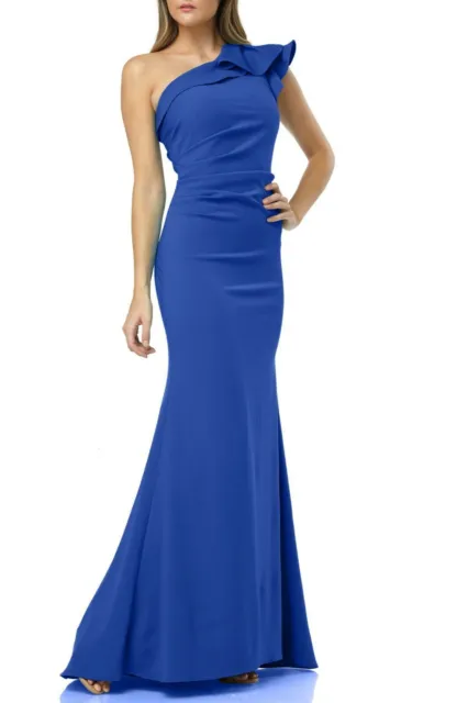 NEW CARMEN MARC VALVO Infusion Cobalt Blue Ruffle One Shoulder Mermaid Gown 6 US