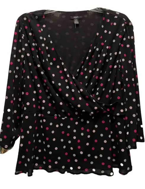 Alfani Women Top 3X Black Pink Polka Dot Blouse Challis Tunic Faux Wrap Pullover