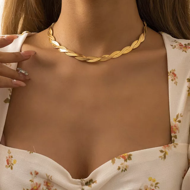 Para mujeres Moda Joyería Oro Doble Capa Torcido Tejido Gargantilla Collar 1-30